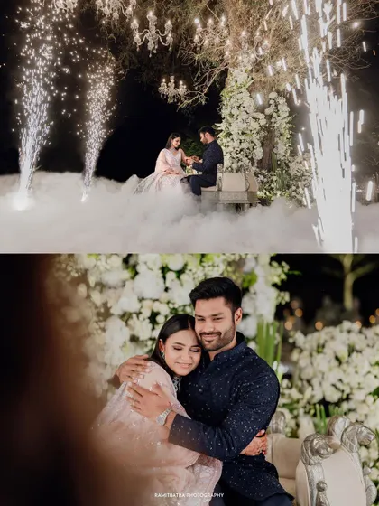 A dreamy engagement ceremony with the couple surrounded by fog and sparklers under a beautifully decorated tree.