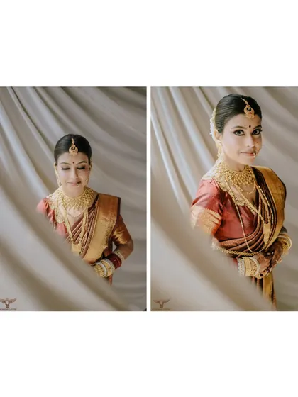 This diptych showcases two sides of the bride's personality. One frame captures a shy, downward glance, while the other shows her looking confidently at the camera, both framed beautifully by soft curtains.
