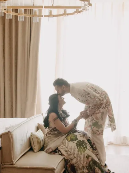 An intimate moment from a getting-ready session, where I give couples tips on how to make the most of their first look.