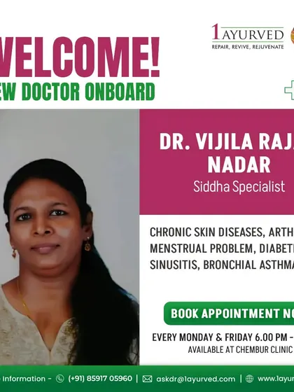 We are pleased to have Dr. Vijila Rajan Nadar, a Siddha specialist, on our team. She is an expert in treating chronic conditions including arthritis, diabetes, and skin diseases, adding another dimension to our holistic services.