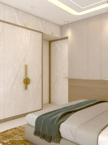 A 3D render of a wardrobe with unique gold handles and a marble-finish laminate. These details are planned in the 3D phase to ensure a high-end final product.