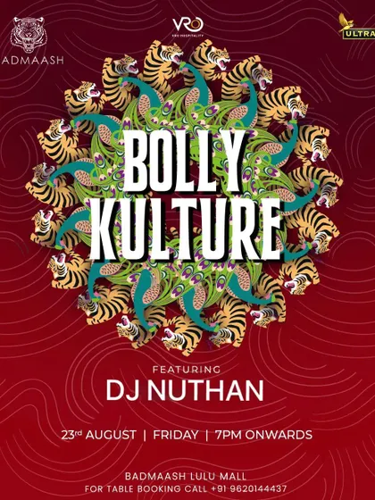 The 'Bolly Kulture' series at Badmaash is about celebrating Bollywood music in a stylish, high-end club setting. This poster captures the vibrant and artistic theme of the event.