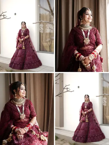 A four-panel collage of the bride's solo portraits, showcasing her regal lehenga and her graceful poses by a window.