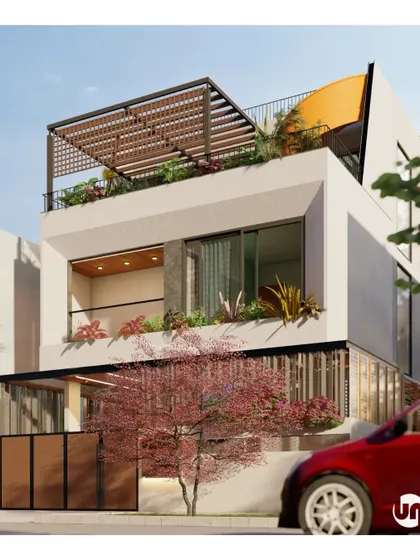 Svelte, stylish, and simple. This elevation design for the Felicity project is all about clean lines and a classy attitude. The rooftop pergola, integrated planters, and mix of textures create a sophisticated yet understated modern home.