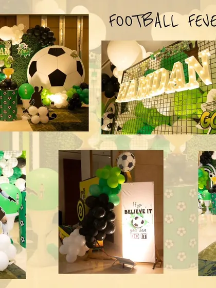 A collage from a football-themed birthday party, showing the green and black decor, a giant inflatable football, a Messi cutout, and a custom light-up name sign.