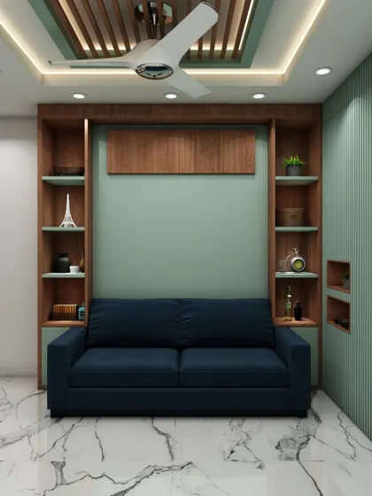 The same room with the Murphy bed pulled down, showcasing how we design multi-functional furniture to maximize space without compromising on style.