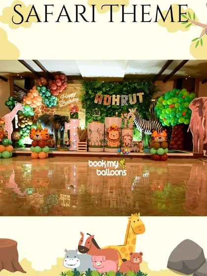 This jungle safari theme for Adhrut's birthday created an immersive wildlife experience. The decor included a variety of animal props, a lush green wall, and balloon trees, making the party truly wild.