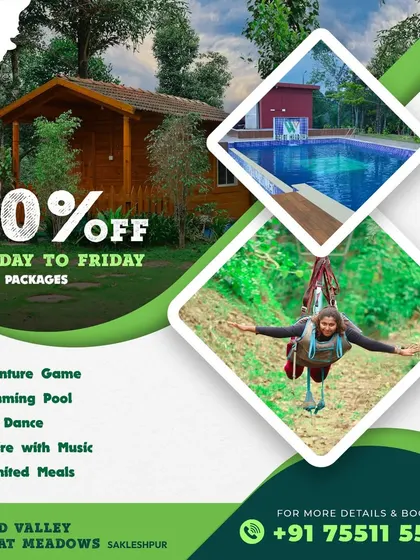 Get 20% off on all packages from Monday to Friday at our Wild Valley Aclat Meadows resort in Sakleshpur. Enjoy adventure, swimming, bonfire, and unlimited meals.
