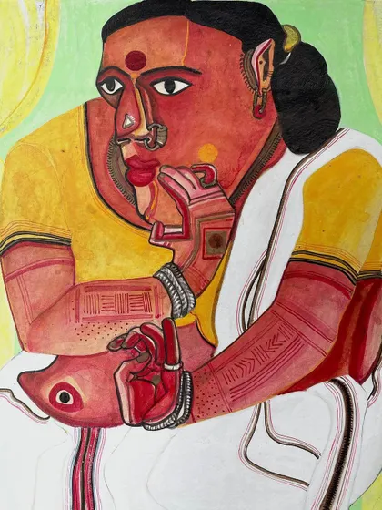 A companion piece by T. Vaikuntam, also from 1988. This gouache on paper shows another 'Lady in a Green Background', highlighting his consistent and powerful theme of celebrating the rustic women of his home state with lush, primary colors.