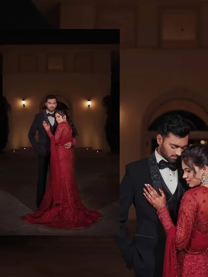A collage showing the couple in their striking red and black reception outfits, capturing both a formal pose and an intimate embrace.