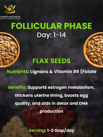 Flax seeds are also excellent for the follicular phase. They contain lignans and folate, which support estrogen metabolism, thicken the uterine lining, and boost egg quality.