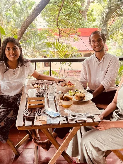 The Satvic Movement team enjoying a wholesome, plant-based meal on the balcony at Cafe Graze. Welcoming fellow advocates for healthy living to our space is always a joy.