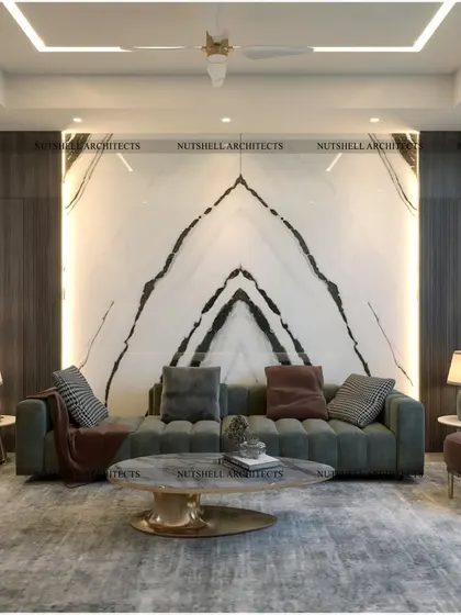Here, we used a bookmatched marble slab to create a stunning, symmetrical feature wall. The natural veining of the stone acts as a piece of art, elevated by concealed backlighting that gives it a warm glow.