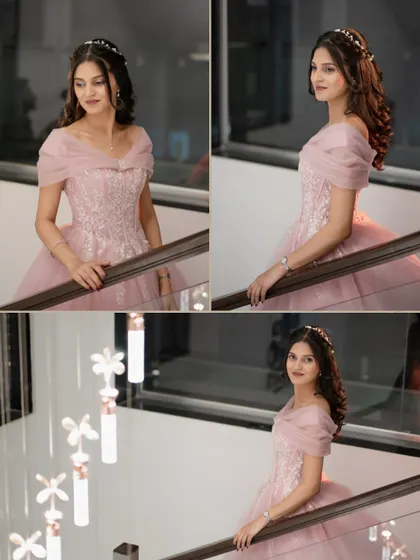 A collage of the bride-to-be posing on a modern staircase, showcasing her stunning pink engagement gown from multiple angles.