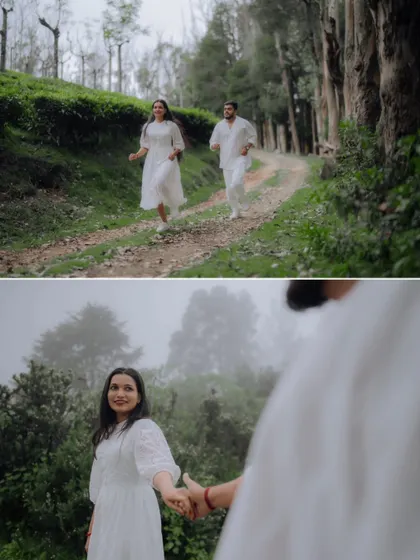 A collage capturing the "follow me to" concept and a playful run through a forest path, showcasing the fun and romance of a pre-wedding adventure.