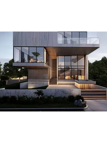 A render of option 1 at dusk, showing the interplay of light and shadow on the concrete and glass facade.