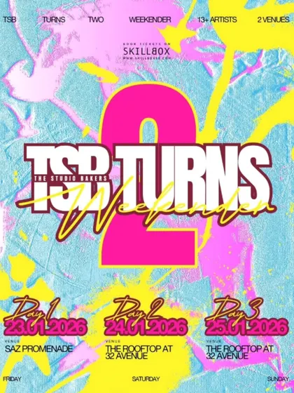 A colorful poster for the 'TSB Turns Two' weekender, a three-day celebration across two venues with over 13 artists.