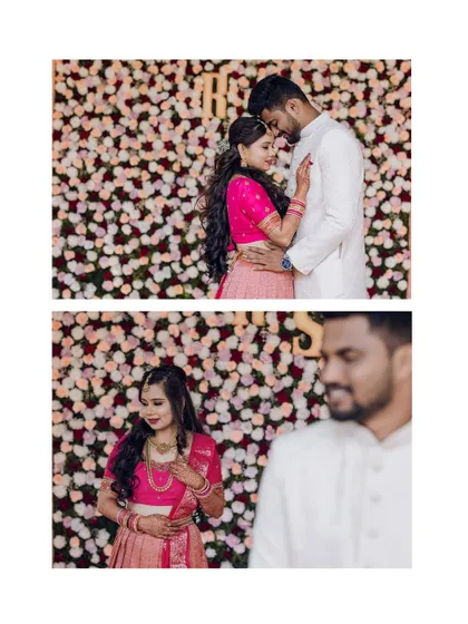 Two romantic portraits set against a stunning wall of roses, a perfect backdrop for an engagement shoot.