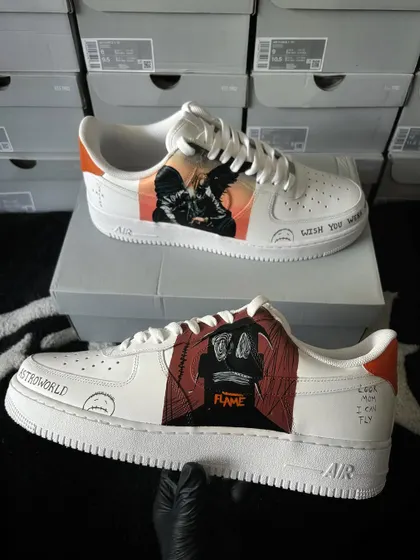 A custom Nike Air Force 1 inspired by Travis Scott's Astroworld, featuring album art and his signature "Cactus Jack" style.