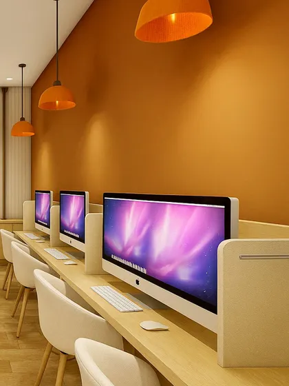 A closer view of the computer stations at Queen's College. The design prioritizes a clean, organized layout with integrated privacy panels and comfortable seating to support long hours of study and research.