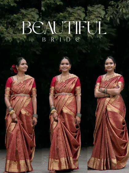 A triptych showcasing the beautiful bride in her stunning red and gold silk saree, capturing different poses and her radiant smile.