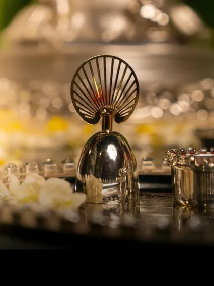 A close-up of a handcrafted silver pooja bell from my festive collection. The intricate design and clear sound are meant to enhance your sacred rituals and bring a sense of peace and divinity.