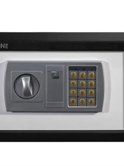 A frontal view of the Ozone Safe OES-BAS-i10, a 7.8-litre safe with a simple digital keypad, ideal for basic home or hotel use.