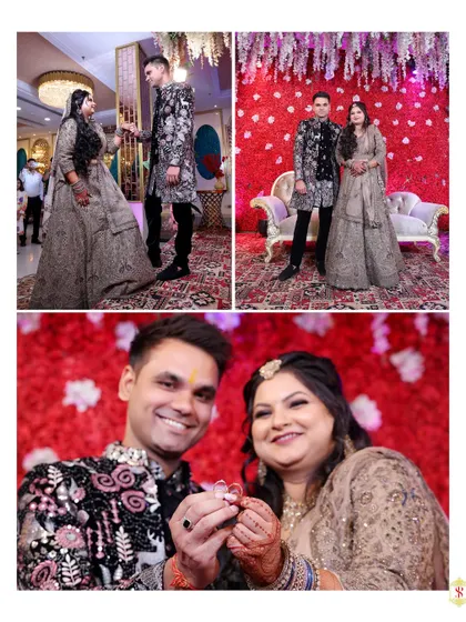 A collage from a Sagai (engagement) ceremony, showing the couple's entry, portraits, and the ring exchange.