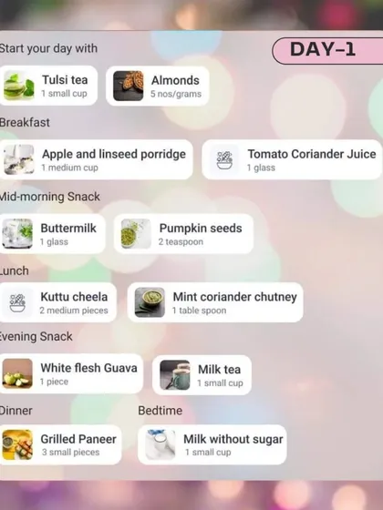 Here is the Day 1 meal plan from my comprehensive 9-day Navratri diet guide. It starts the fast on a healthy note with apple porridge, kuttu cheela, and grilled paneer to ensure you get enough protein and fiber.