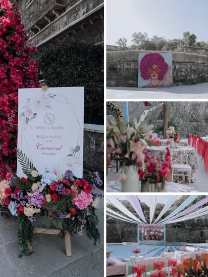 A collage of vibrant carnival-themed decor, from the welcome sign and floral arrangements to the poolside setup with colorful drapes.