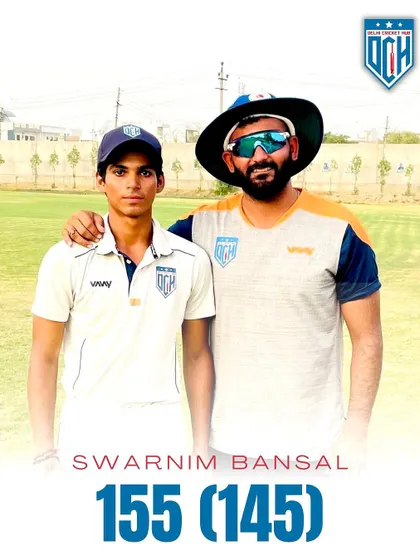 A graphic highlighting Swarnim Bansal's brilliant 155. He is a consistent run-scorer for our teams.