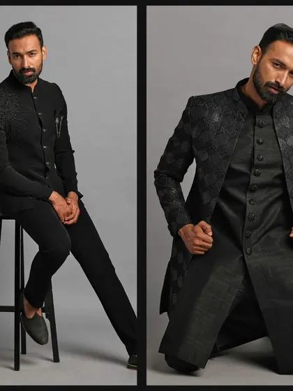 A black embroidered Jodhpuri and a layered black Indo-Western. Modern, edgy, and full of attitude.