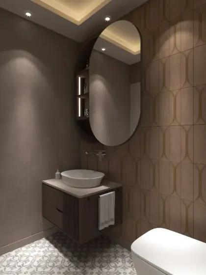Another view of the bathroom, highlighting the patterned floor tiles and the warm, inviting lighting scheme.