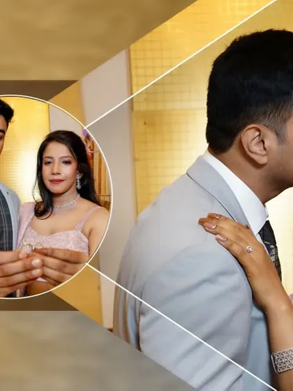 A creative album layout from an engagement ceremony, blending a romantic moment with a close-up of the ring exchange.
