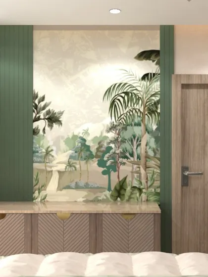 A bedroom so dreamy, it's hard to leave. This space features a stunning tropical mural that acts as a headboard, bringing a touch of nature and tranquility indoors.