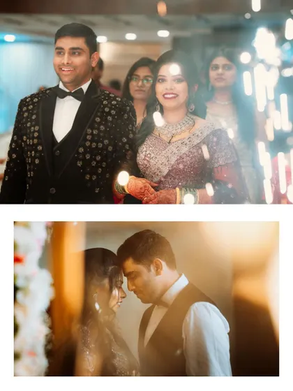 A collage of the couple's reception, showing their grand entrance with sparklers and an intimate, romantic portrait.