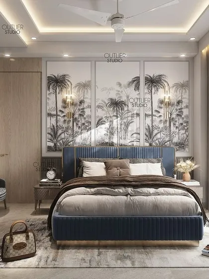 Minimalism meets the serenity of nature in this bedroom. A large, three-panel wallpaper depicting a tropical forest creates a stunning and peaceful backdrop for the modern, clean-lined furniture.