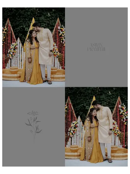 An elegant album layout featuring portraits of the couple at their Haldi ceremony, with minimalist graphic elements.