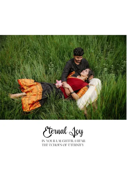 A romantic photo of the bride-to-be lying in her partner's lap in a field, captioned with "Eternal Joy".