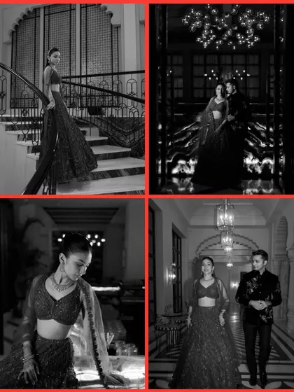 The same Sangeet night, reimagined in timeless black and white. This collage highlights the dramatic lighting, the couple's chemistry, and the architectural beauty of the venue.