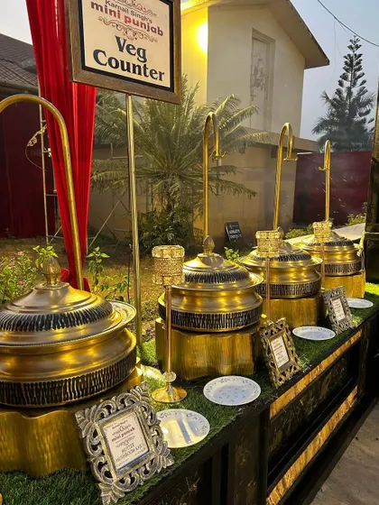 Presentation is paramount. This is my vegetarian counter setup featuring ornate, traditional brass serving dishes that not only keep the food warm but also add a touch of royalty to the buffet.