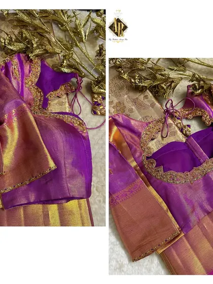 A beautiful violet tissue blouse with a heart-shaped cutout at the back. The neckline is elegantly finished with a simple, scalloped zardosi border for a clean and classic look.