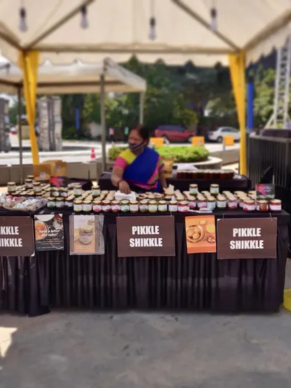A front view of our market stall, fully stocked with all your favourite pickles and jams.