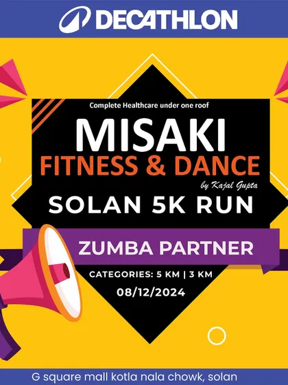 A welcome post from Decathlon Solan, announcing Misaki Fitness & Dance as the official Zumba partner for their 5K run event.