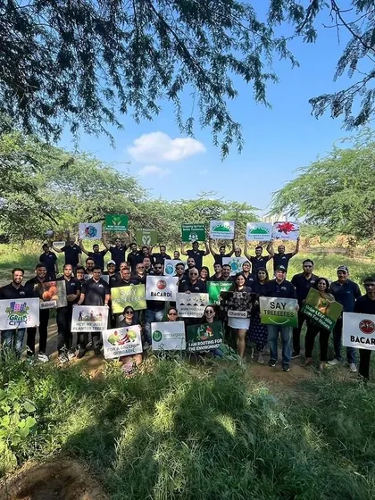The Bacardi team celebrates their successful plantation of 625 native Aravali saplings, a crucial step in bringing the degraded forest back to life.
