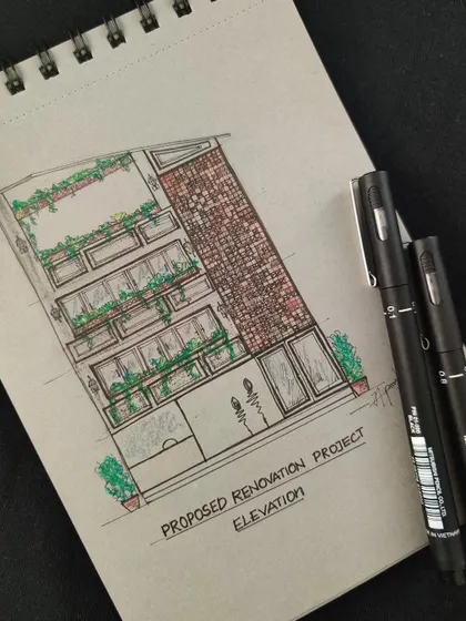 A finished elevation sketch for a proposed renovation project, showing a multi-story building with a brick facade and green balconies.