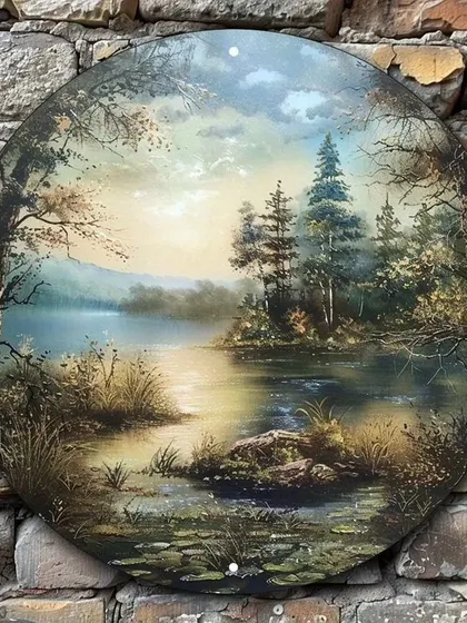 Our collection of circular landscape paintings offers a unique perspective on nature. These pieces, depicting everything from serene meadows and tranquil lakes to rustic farmhouses, are perfect for creating a charming focal point on any wall.