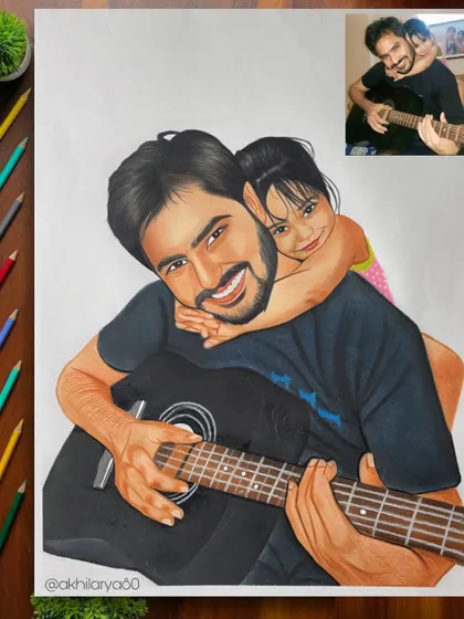 A playful moment between a father and daughter with his guitar, drawn on A2 paper. This colored pencil portrait is full of life and captures a beautiful memory.
