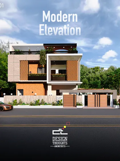 This G+1 residence in Sagara, Shivamogga, showcases a minimal abode with maximum character. We blended exposed brick, concrete, and jaali elements to create a striking modern elevation on a 60x40 corner plot.