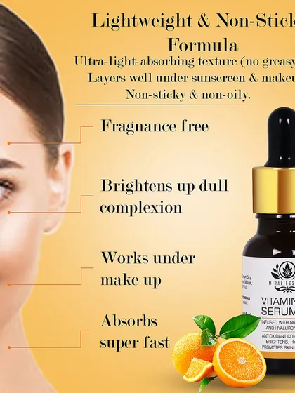 This is an A+ content or infographic style image I designed for a Vitamin C serum. It clearly lists the product's key benefits alongside a professional model photo, making it highly informative for e-commerce pages.